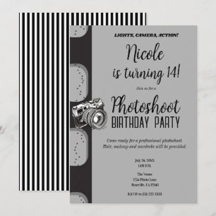 Invitation Shooting Photo en Noir et Gris Fête d'anniversaire