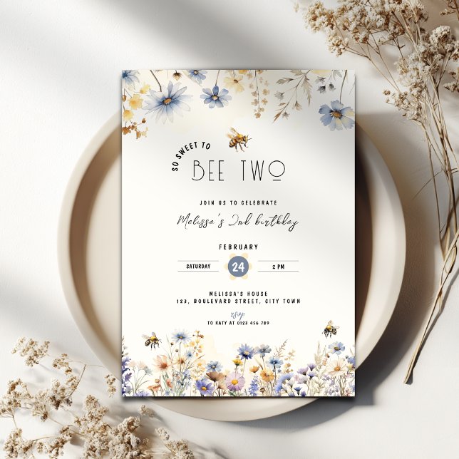 Invitation Si doux d'être deux - Floral 2e anniversaire (Bee two birthday invitation)
