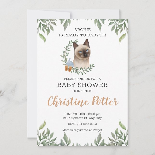 Invitation Siamese Cat Boy Boho Baby shower verdoyant (Devant)