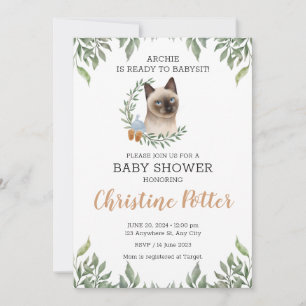 Invitation Siamese Cat Boy Boho Baby shower verdoyant