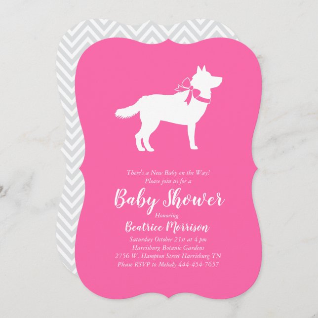 Invitation Sibérie Husky Chien Baby shower fille rose (Devant / Derrière)