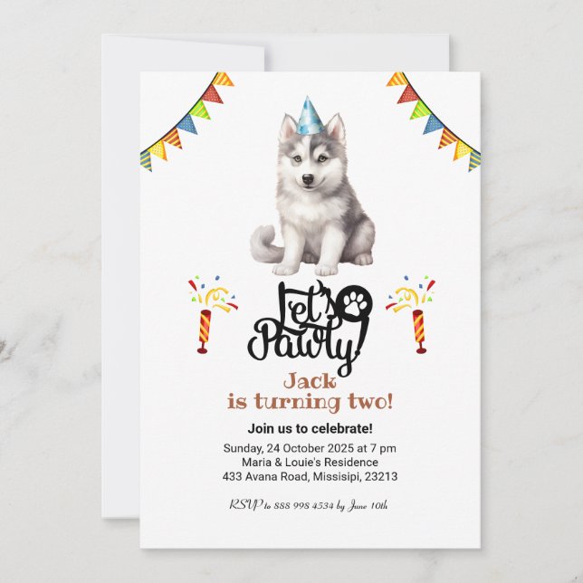 Invitation Sibérien Husky Casquette Faisons Pawty Anniversair (Devant)
