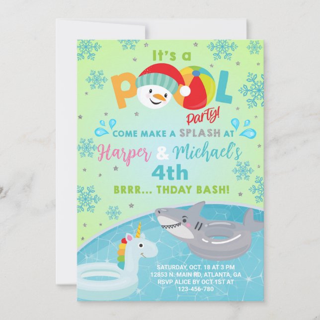 Invitation Siblings indoor winter pool party birthday invite. (Devant)