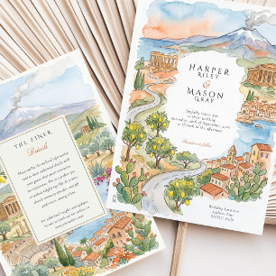 Invitation Sicile Italie Aquarelle Citron Mont Etna Mariage