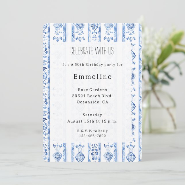 Invitation Sicile Italien Rustique Anniversaire Rayures Bleue (Debout devant)