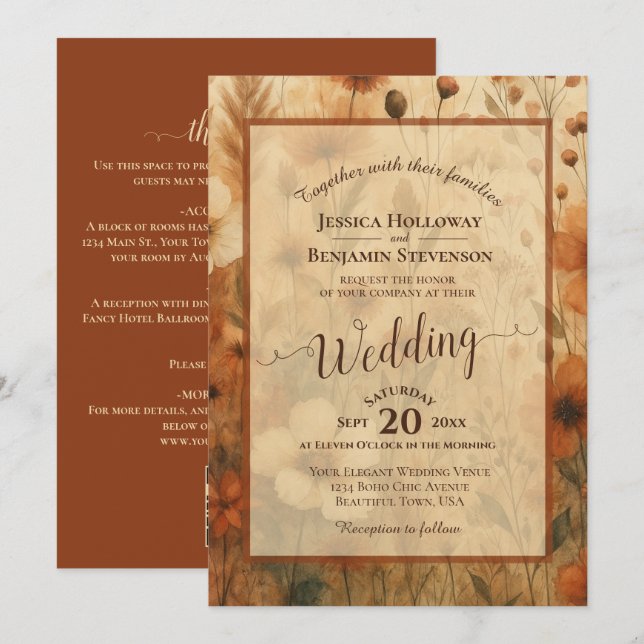Invitation Sienna Boho Floral Calligraphy & QR Code Wedding (Devant / Derrière)