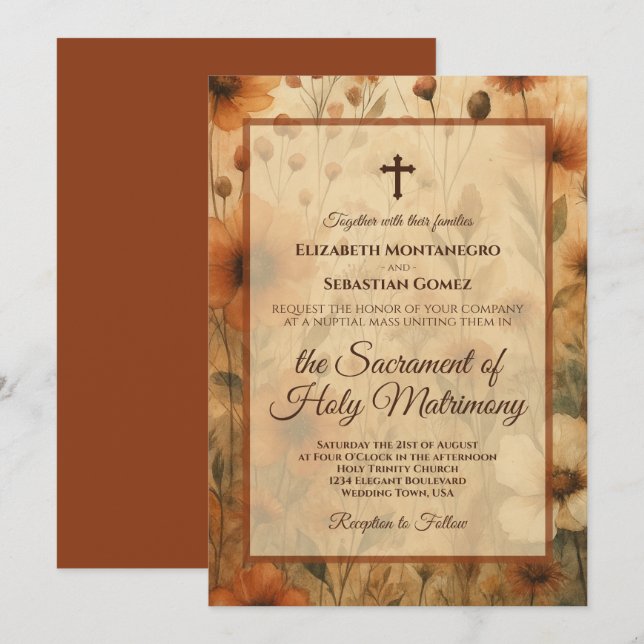 Invitation Sienna Boho Watercolor Floral Catholic Wedding (Devant / Derrière)