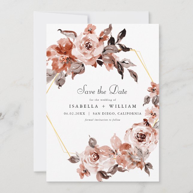 Invitation Sienna Floral et Gold Frame Enregistrer la date (Devant)