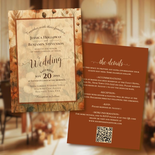 Invitation Sienne Bohème Floral Calligraphie & Code QR Mariag (front/back)
