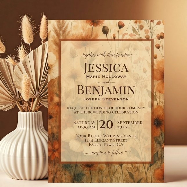 Invitation Sienne Brûlée Bohème Chic Fleurs Sauvages Mariage  (Créateur téléchargé)