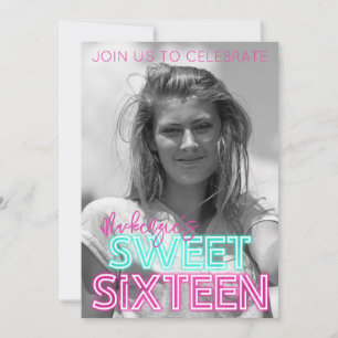 Invitation Signal Retro Neon avec Black & White Photo Sweet 1