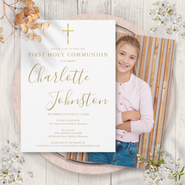 Invitation Signature dorée moderne Première Sainte Communion  (Modern Golden Signature First Holy Communion Photo Invitation)