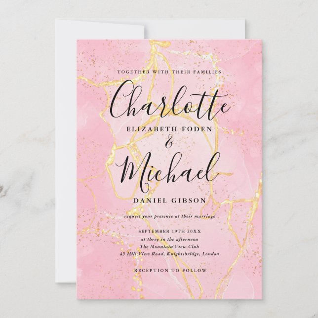 Invitation Signature Script Pink Gold Agate Mariage en marbre (Devant)