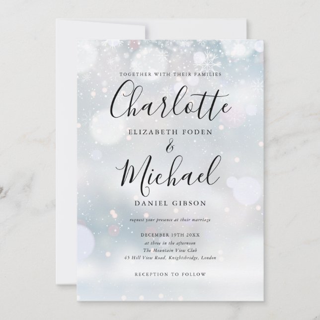 Invitation Signature Script Snowflakes Mariage d'hiver (Devant)