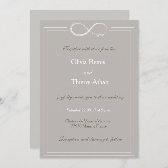 Invitation signe d'infini unique gris blanc taupe mariage (Devant / Derrière)