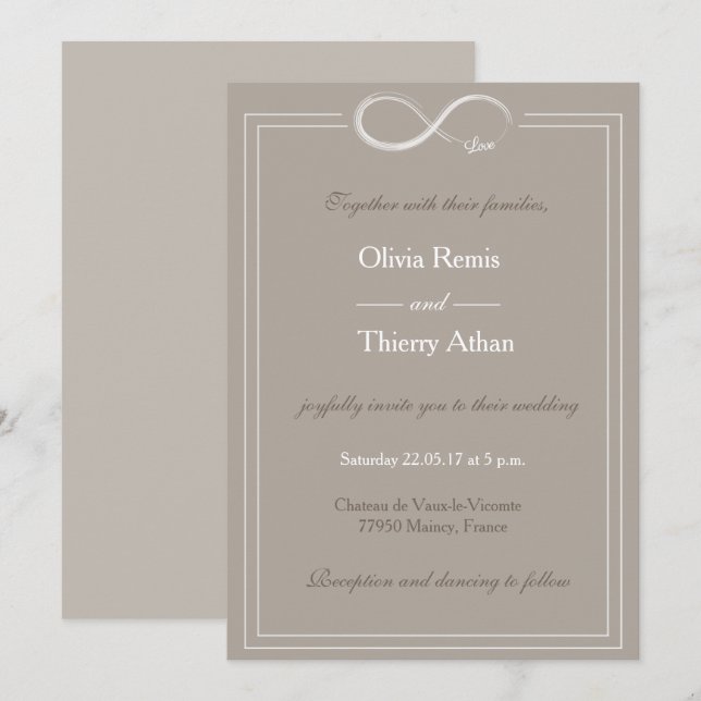 Invitation signe d'infini unique taupe gris blanc mariage (Devant / Derrière)