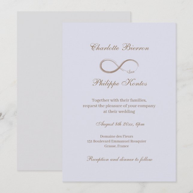 Invitation Signe Infini Mariage Élégant Lilas Gris Or (Devant / Derrière)
