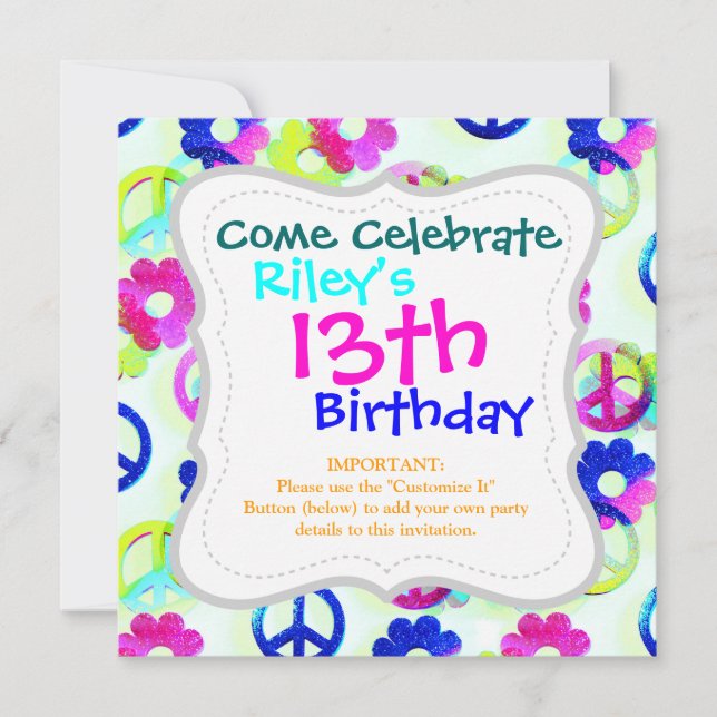 Invitation Signes de Paix Hippie super Fleur Power Sparkle Pa (Devant)