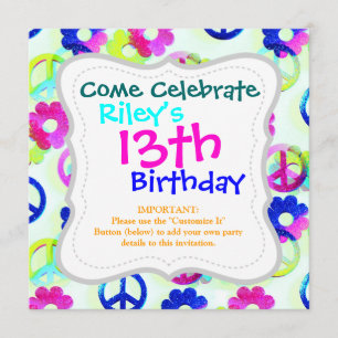 Invitation Signes de Paix Hippie super Fleur Power Sparkle Pa