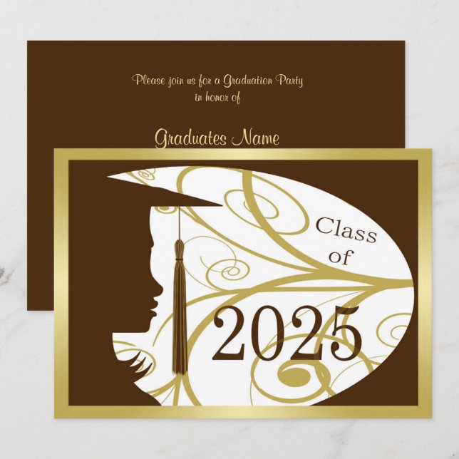 Invitation Silhouette Brown et Gold 2025 Graduation Party (Devant / Derrière)