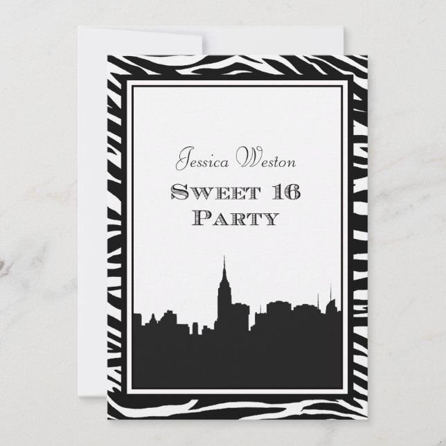 Invitation Silhouette de la skyline de NYC #2 Zebra Sweet 16 (Devant)