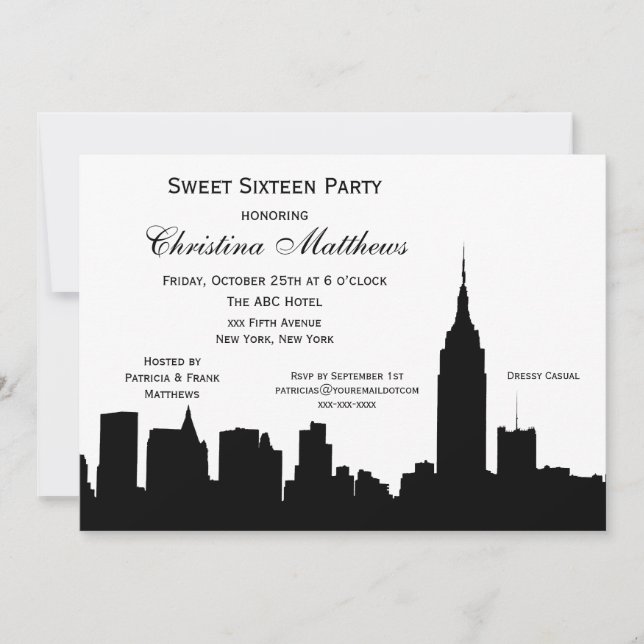 Invitation Silhouette de la skyline de NYC pour un Sweet Sixt (Devant)
