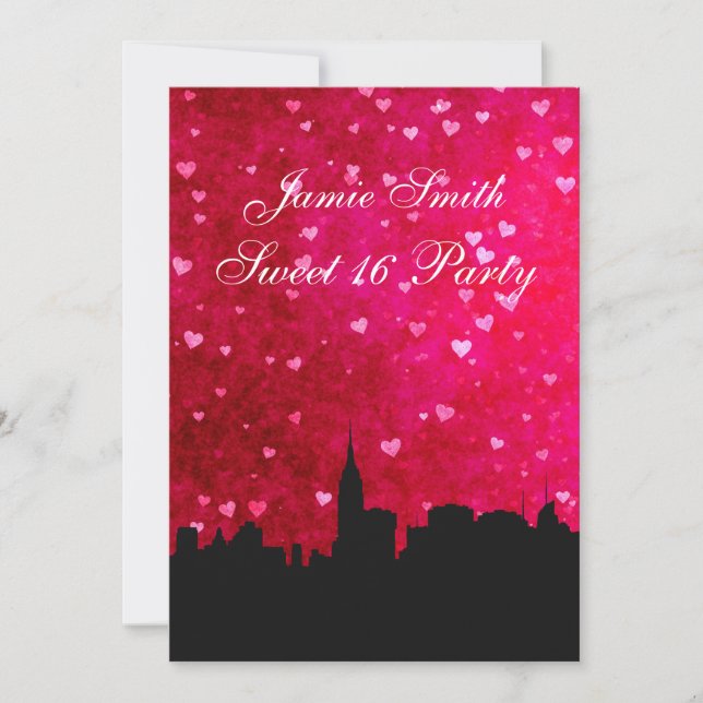 Invitation Silhouette de la skyline de NYC Rose Chaud Rouge C (Devant)