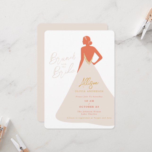 Invitation Silhouette de mariée en robe de couture Brunch de  (Devant/Arrière en situation)