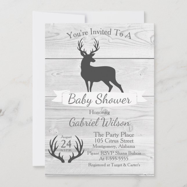 Invitation Silhouette et bois blanc de cerf gris rustique (Devant)