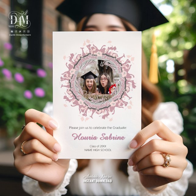 Invitation Silhouette féminine rose moderne de diplômée avec  (Créateur téléchargé)