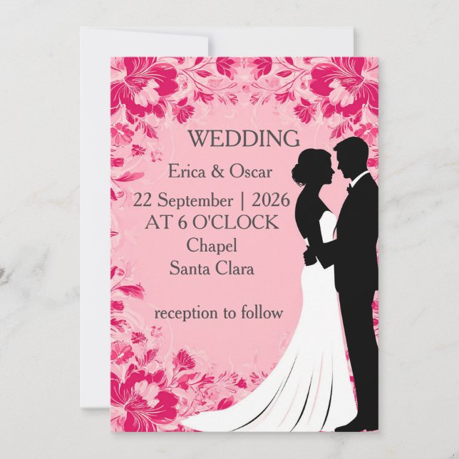 Invitation 🌸 Silhouette Floral De Mariage Avec Fleurs Roses (Devant)