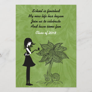 Invitation Silhouette Girl, Papillon et Flower Graduation