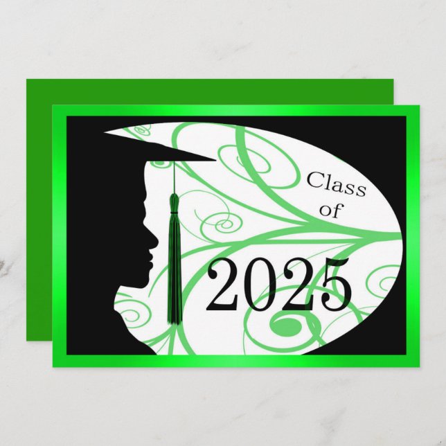Invitation Silhouette homme vert et noir 2025 Graduation Part (Devant / Derrière)
