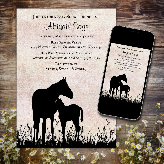 Invitation Silhouette Mare et Baby shower de Cheval Foin (Printed and Digital - Pretty Silhouette Mare and Foal Horse Baby Shower Invitation)