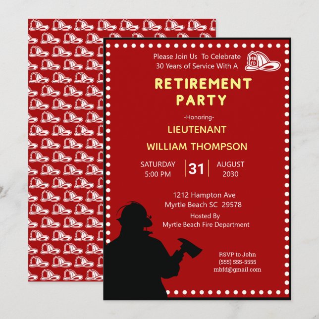 Invitation Silhouette pompier/pompier Chef de la retraite (Devant / Derrière)