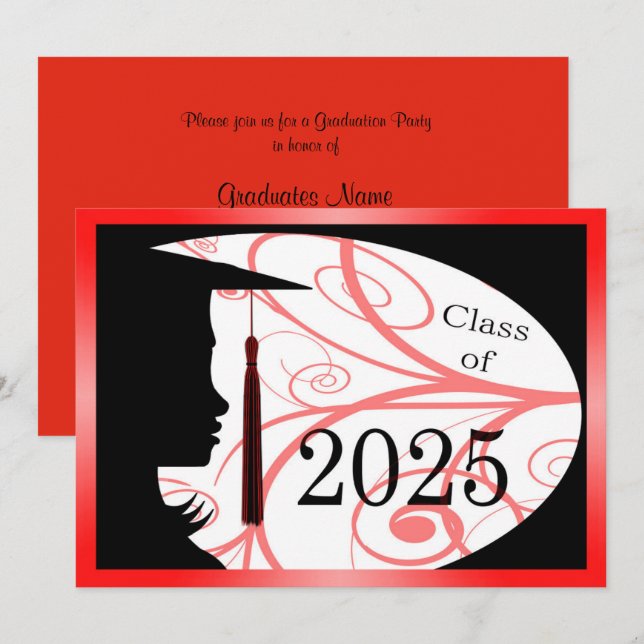 Invitation Silhouette rouge et noire 2025 Graduation Party (Devant / Derrière)