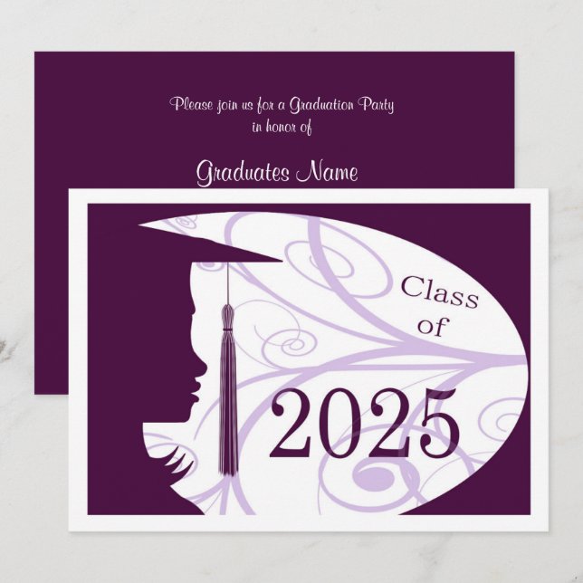 Invitation Silhouette violette et blanche 2025 Graduation Par (Devant / Derrière)