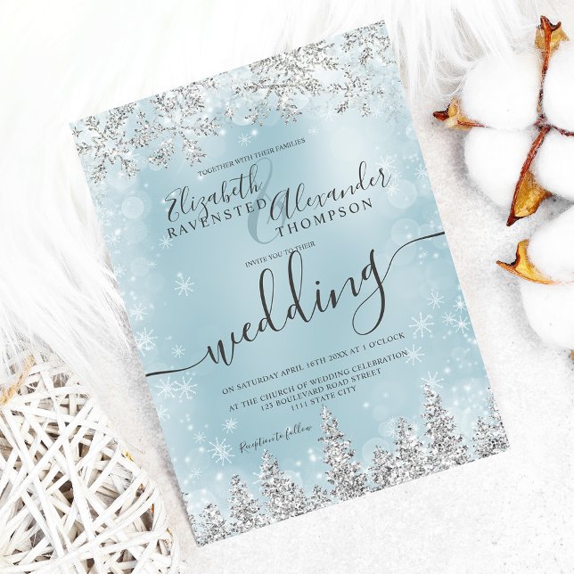 Invitation Silice bleu neige pin Noël mariage d'hiver (Silver ice blue snow pine Christmas winter wedding Invitation)