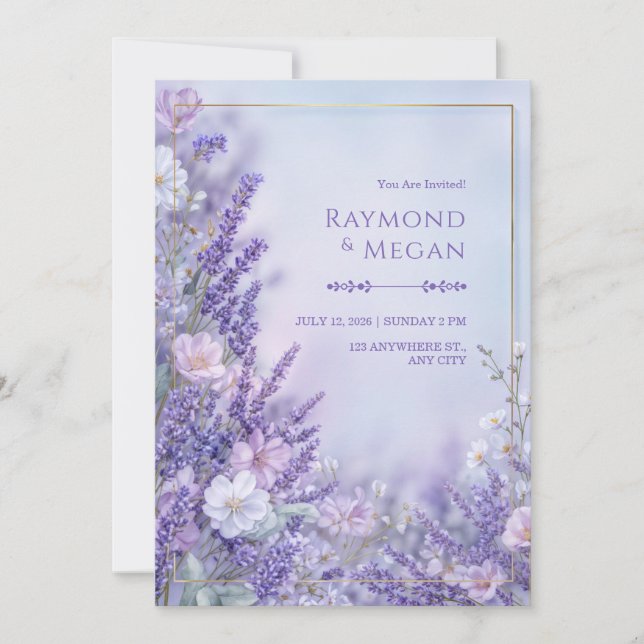 Invitation Silk Blossom Romantic Lavender Gold Frame Wedding (Devant)