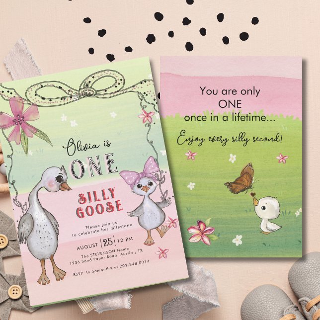 Invitation Silly Goose 1st Birthday Pink Bow Green Coquette  (Silly Goose 1st Birthday Pink Bow Green Coquette Invitation)