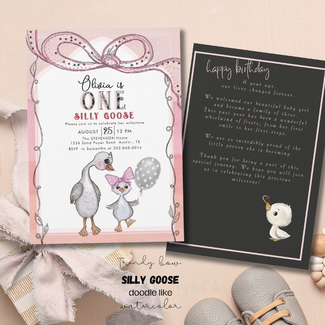 Invitation Silly Goose 1st Birthday Watercolor Hand drawn (Silly Goose 1st Birthday Watercolor Hand drawn Invitation)