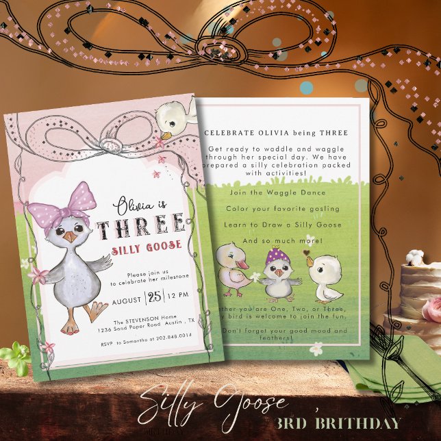 Invitation Silly Goose 3rd Birthday Girl Pink Bow Garden (Silly Goose 3rd Birthday Girl Pink Bow Garden Invitation)