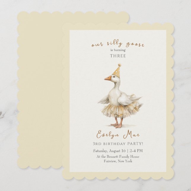 Invitation Silly Goose 3rd Birthday Yellow Watercolor (Devant / Derrière)