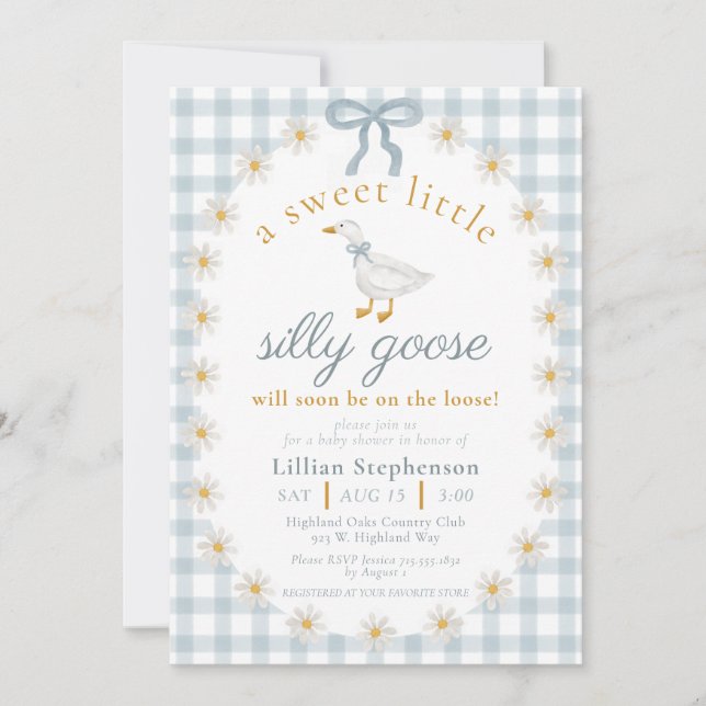 Invitation Silly Goose Blue Bow Daisy Gingham Baby Shower (Devant)