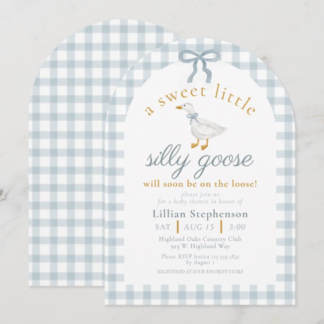 Invitation Silly Goose Blue Bow Duck Gingham Baby Shower Arch (Devant / Derrière)