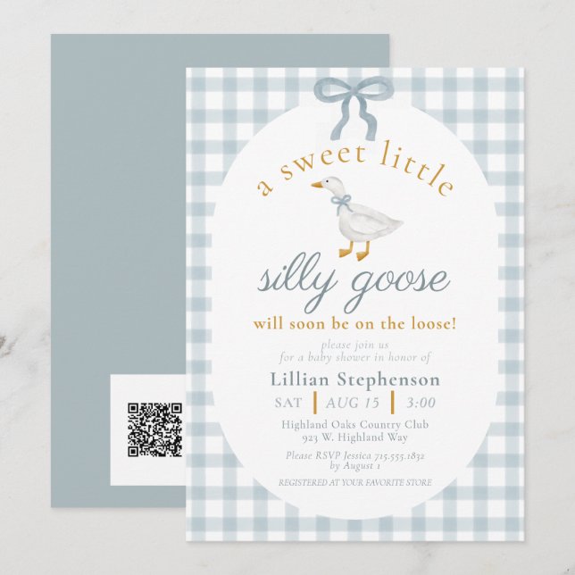 Invitation Silly Goose Blue Bow Gingham Baby Shower QR Code (Devant / Derrière)