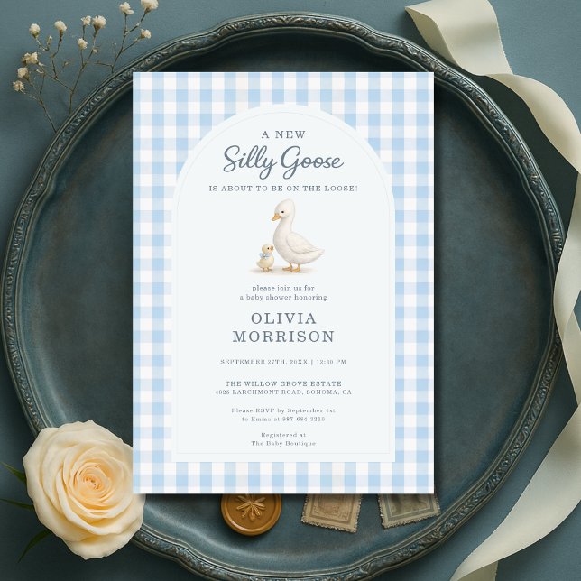 Invitation Silly Goose Blue Gingham Baby Shower (Créateur téléchargé)