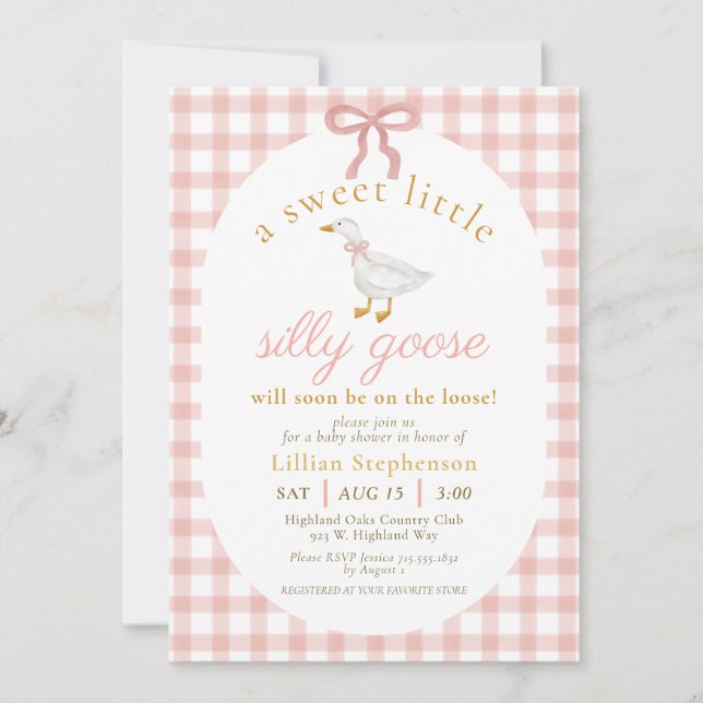 Invitation Silly Goose Blush Pink Bow Gingham Baby Shower  (Devant)