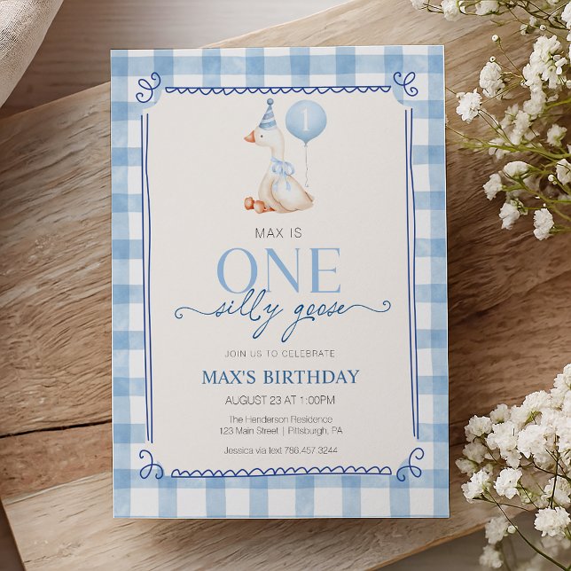 Invitation Silly Goose First Birthday Blue Gingham Boy  (Créateur téléchargé)