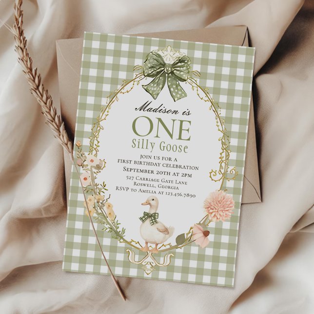 Invitation Silly Goose Floral Vert Gingham 1er Anniversaire (Créateur téléchargé)